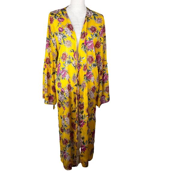 Band Of Gypsies Floral Kaftan Coverup Swim Kimono Yellow Pink Large Tie Closure - Picture 10 of 16
